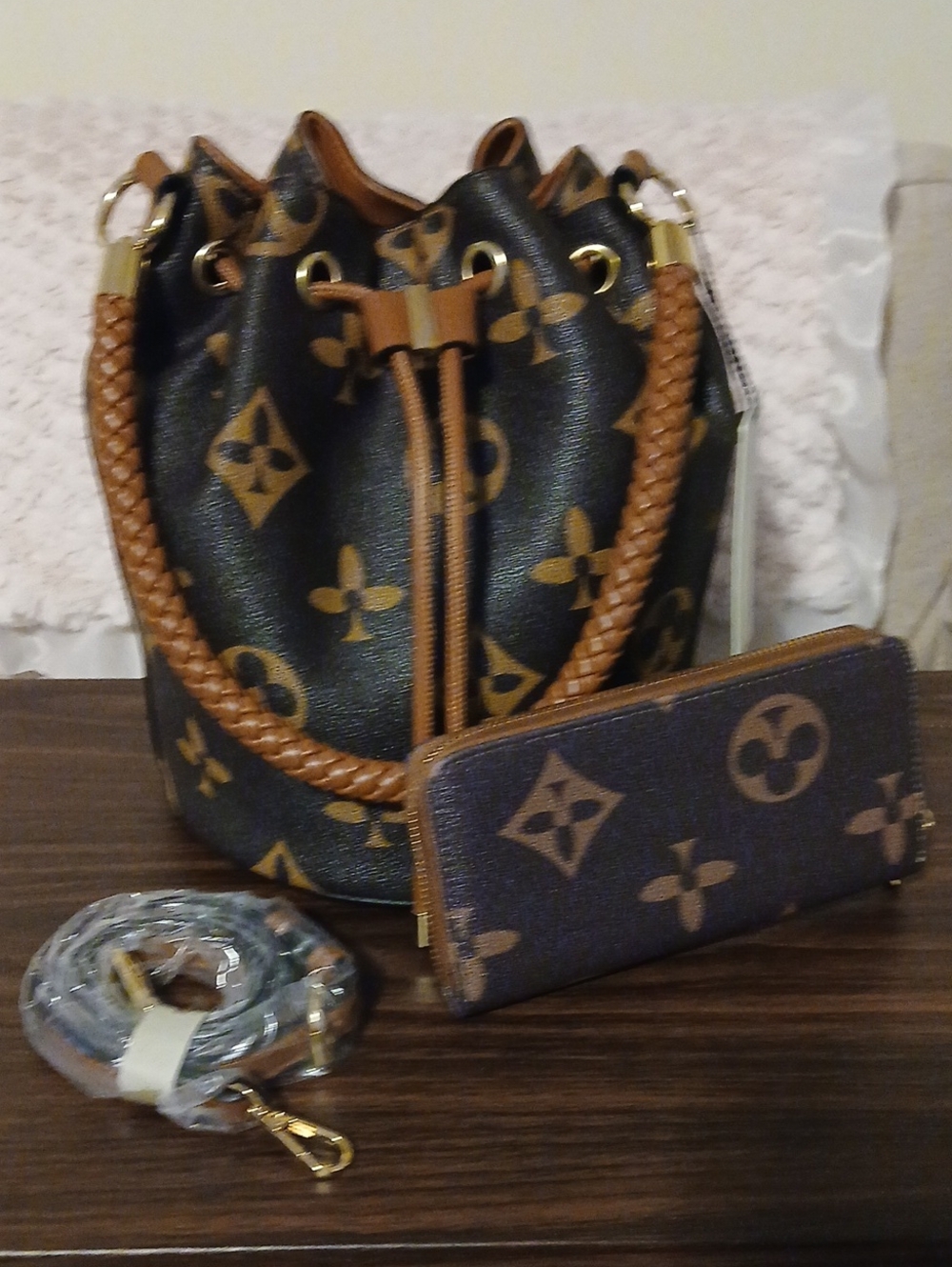 Designer-Style Brown Monogram Drawstring Bucket Bag with Wallet With Strap NWT